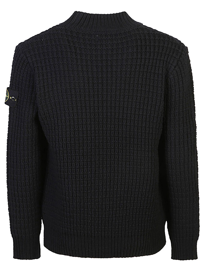 Stone Island Ribbed Texture Black Crew Neck Sweater In Black