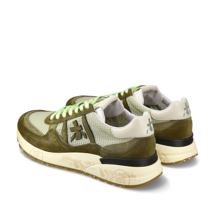 Shop Premiata Landeck Sneakers In Green Suede And Natural Mesh Fabric