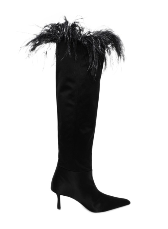 Alexander Wang Viola Feather-trimmed Satin Over-the-knee Boots In Black