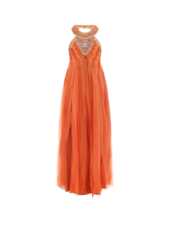 Shop Alberta Ferretti Certified Silk Long Dress With Rafia Embroidery In Orange