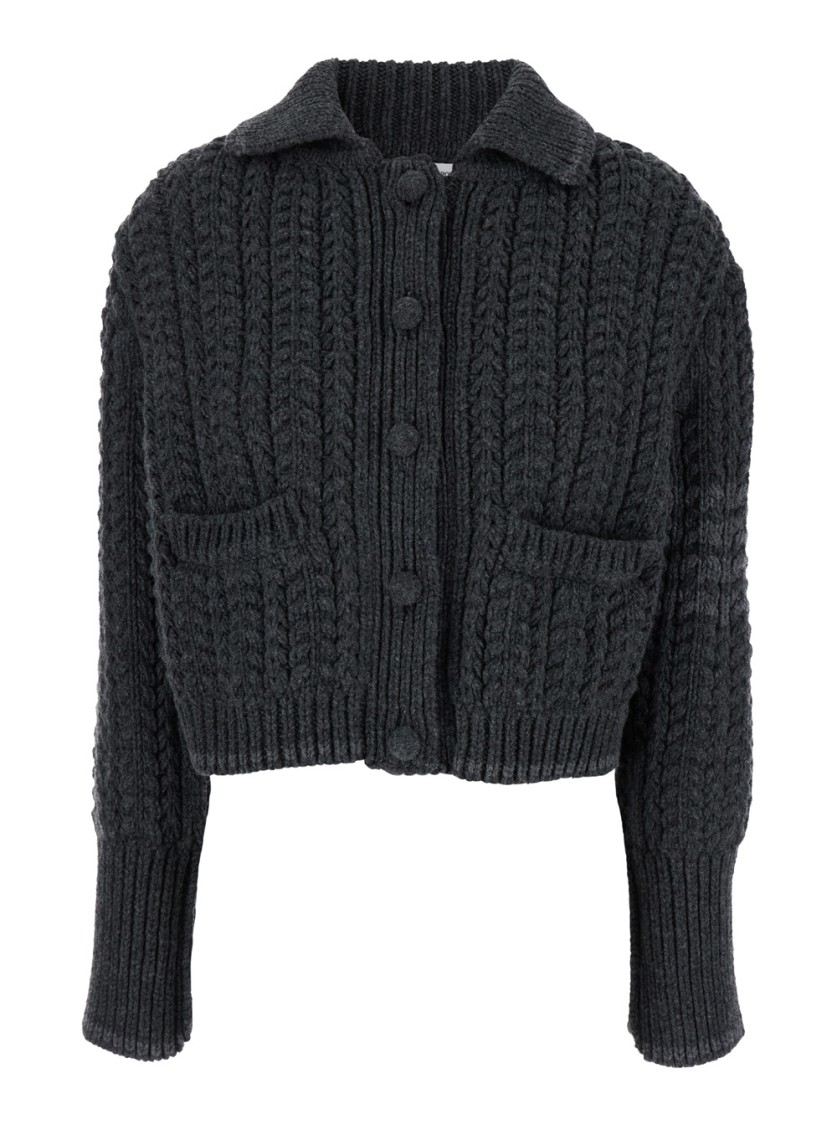 Shop Thom Browne Grey Crop Cardigan With Patch Pockets In Cable Knit Wool