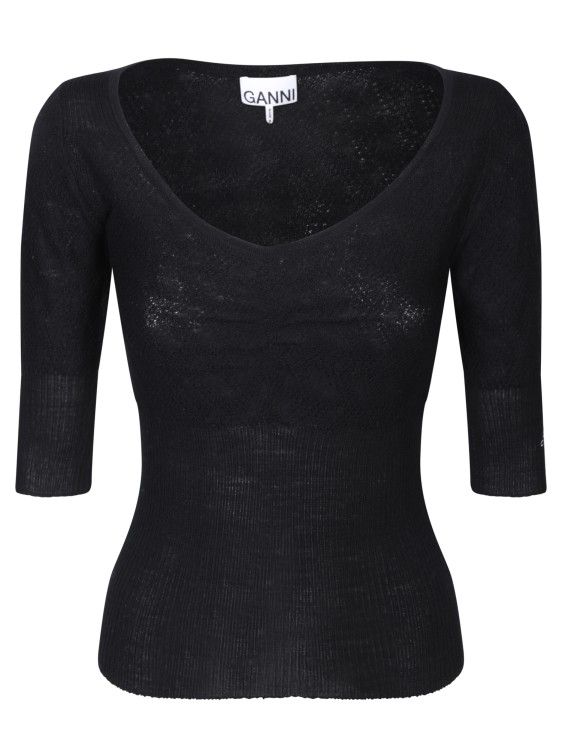 Shop Ganni V-neck Silhouette Knit Top In Black