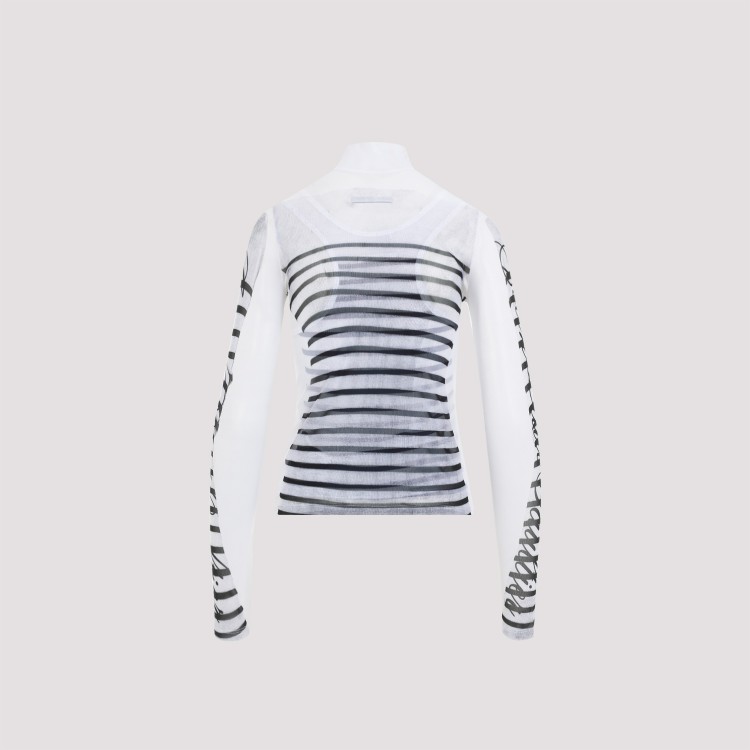 Jean Paul Gaultier Spandex Mesh Printed Feathers Mariniere Top M In White