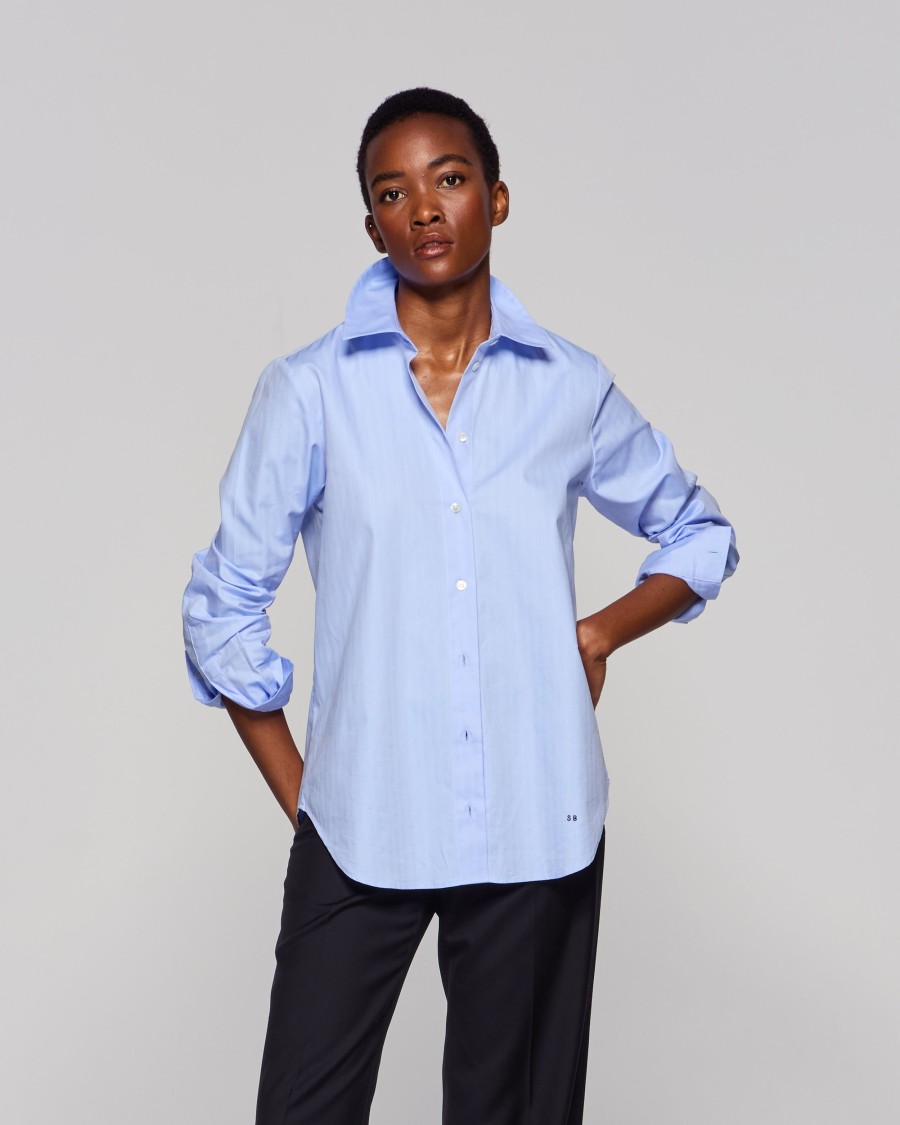 Shop Serena Bute Cotton Classic Shirt - Blue Herringbone