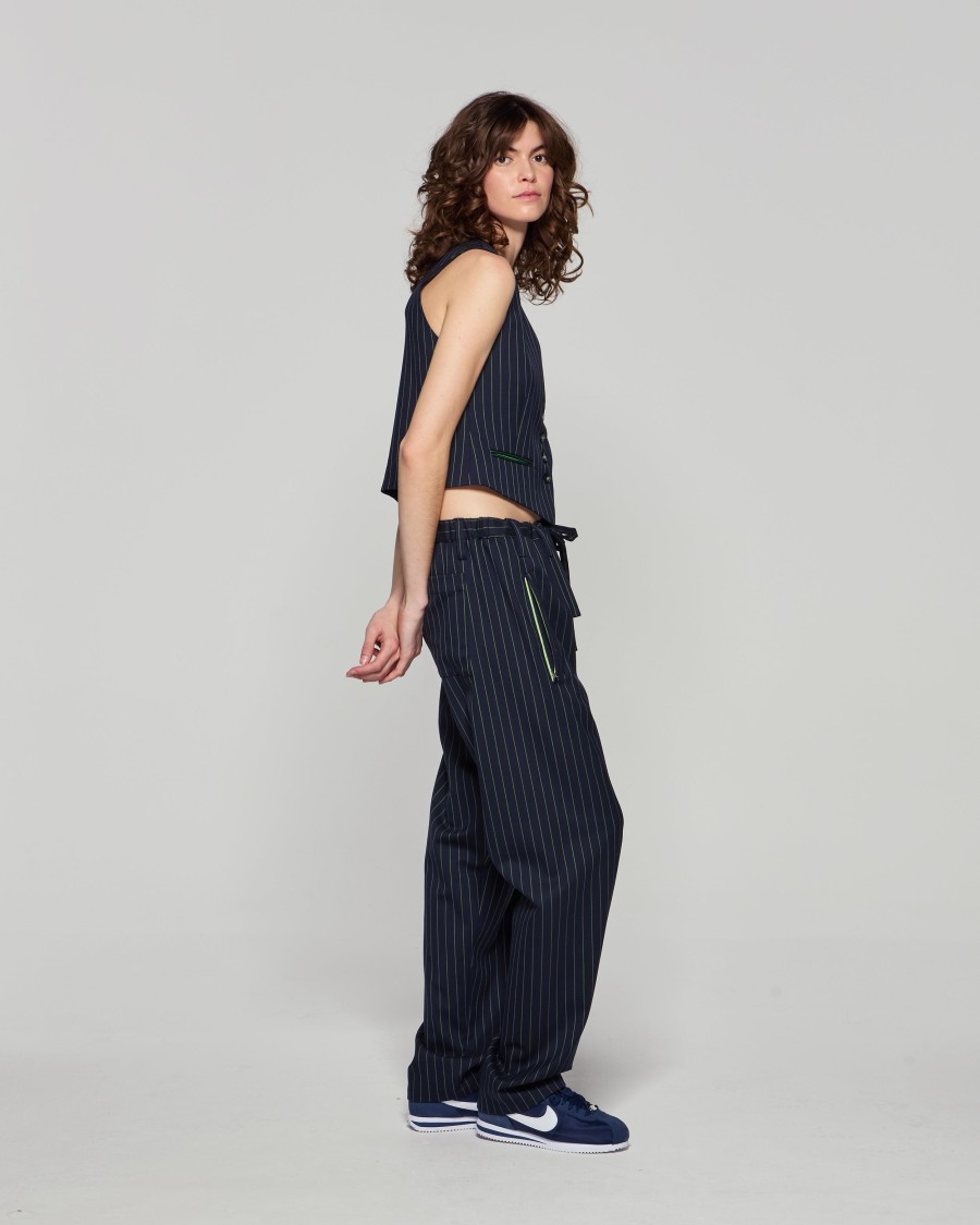 Shop Serena Bute Wool Pinstripe Utility Trouser - Navy/green In Blue