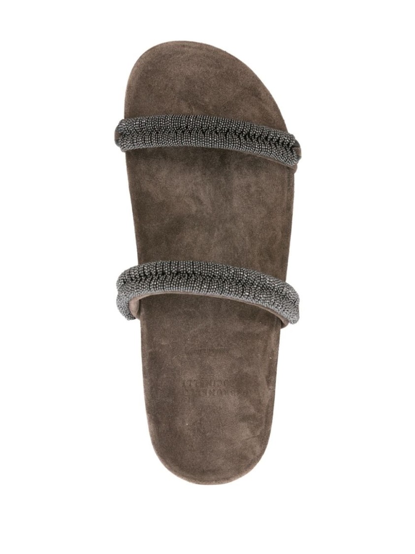 Brunello Cucinelli Slide Sandals With Monili Decoration In Grey