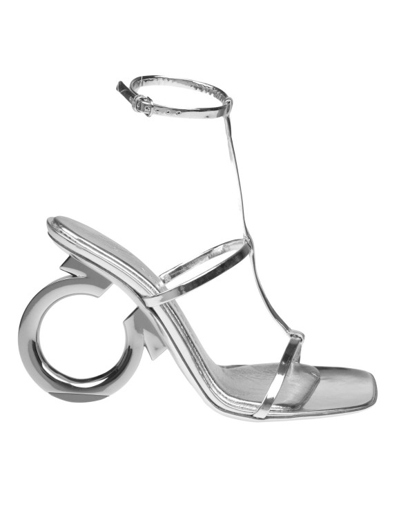 Ferragamo Elina Sandal In Painted Leather With Gancini Heel In Gray