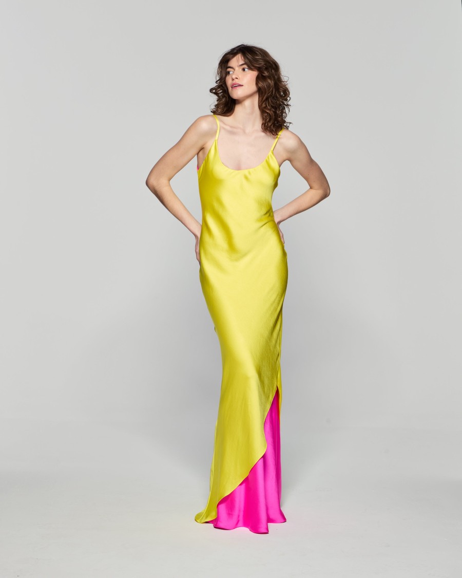 Serena Bute Double Layer Slip Dress - Bright Yellow/pink In Yellow