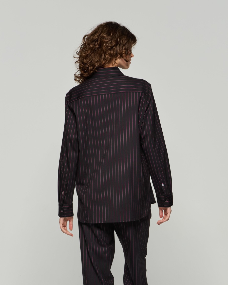 Serena Bute Wool Pinstripe Boyfriend Shirt - Black/pink In Black
