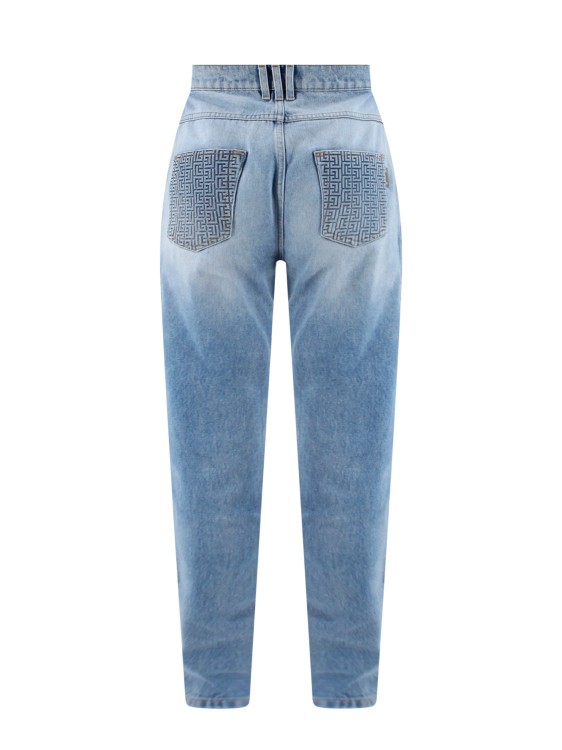 Shop Balmain Cotton Jeans With Embossed Monogram On The Back In Blue