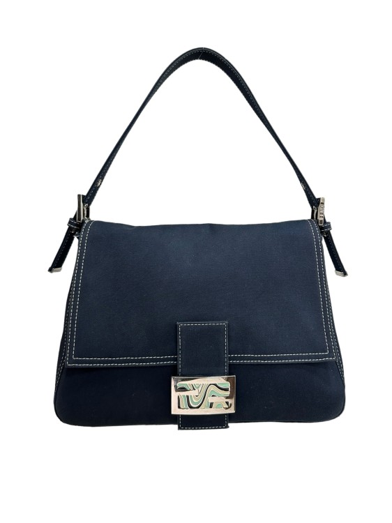 Shop Fendi Mama Baguette Blue Canvas Bag In Black