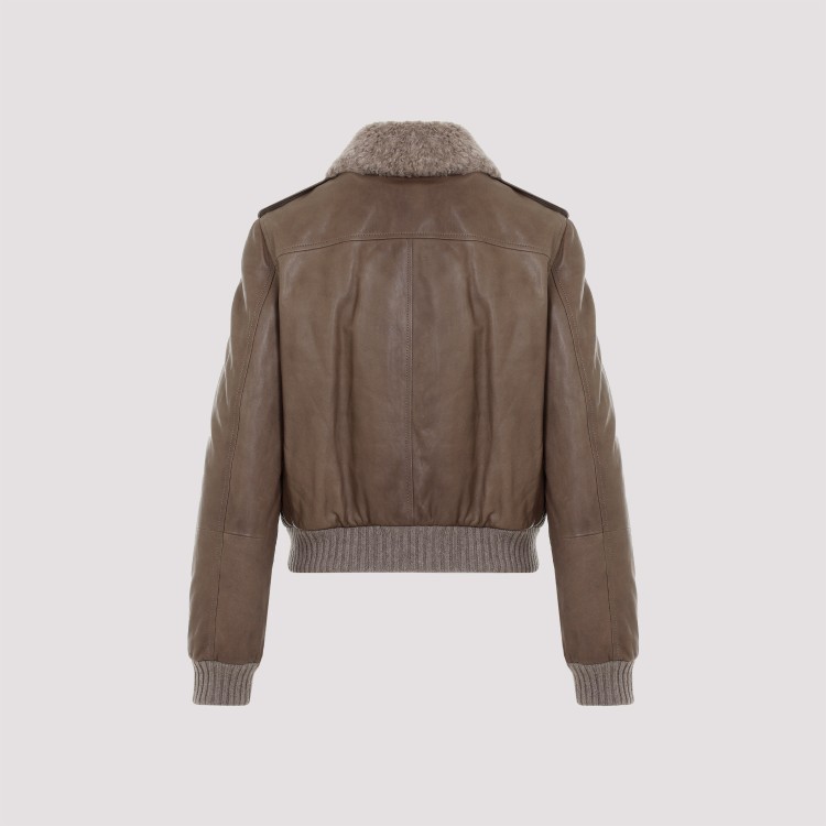 Brunello Cucinelli Leather Jacket With Shearling Collar And Ribbed Finish In Pink