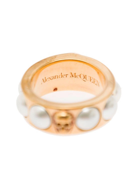 Shop Alexander Mcqueen Antique Gold-tone Ring With Skull And Pearl Embellishment In Brass In Not Applicable