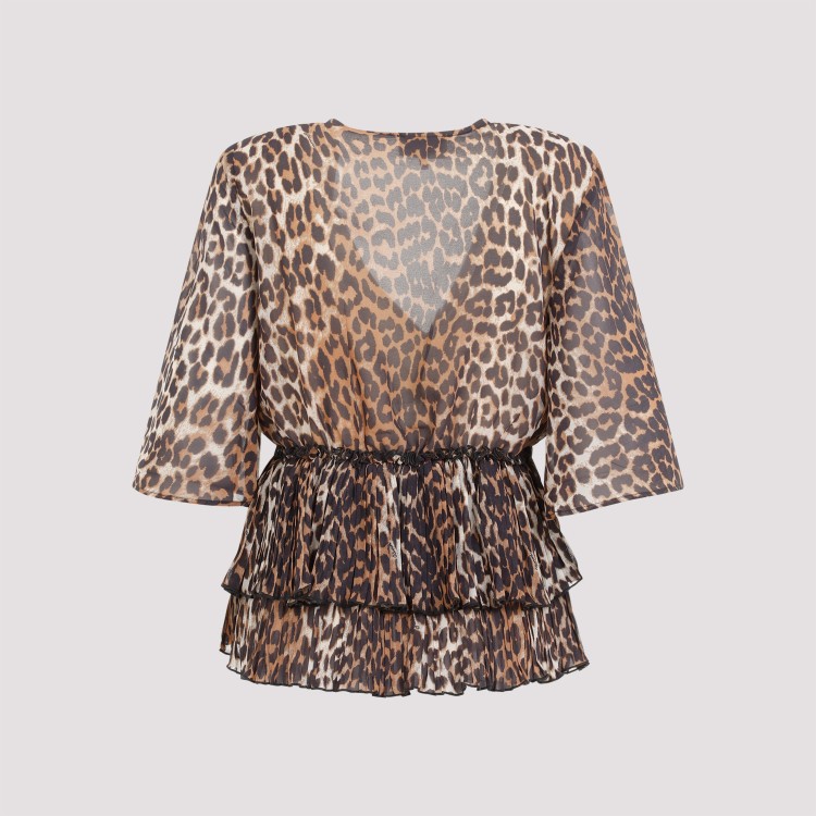 Shop Ganni Animalier Pleated V-neck Blouse In Pink