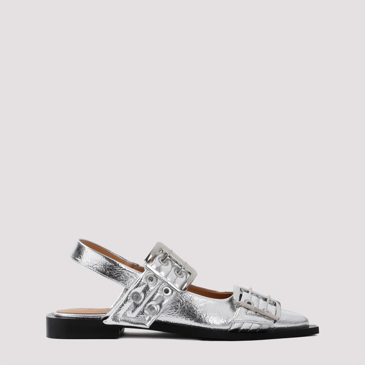 Shop Ganni Feminine Buckle Metallic Silver Polyester Ballerinas In White