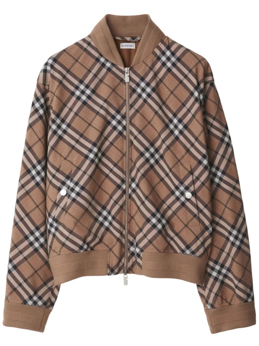 Burberry Check Print Wool Blend Harrington Jacket In Brown