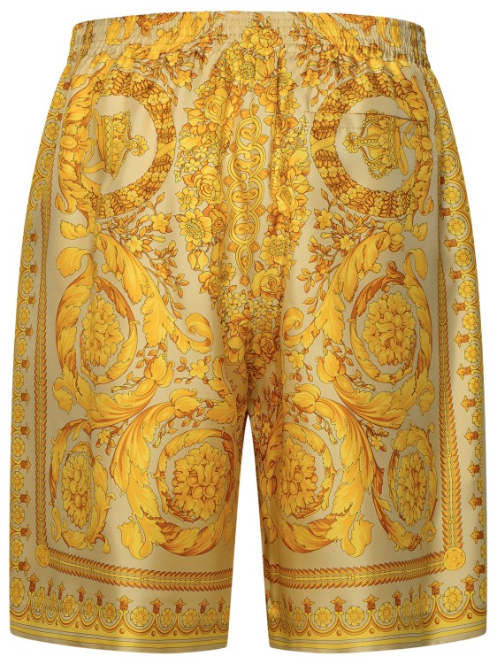 Shop Versace 'barocco' Gold Silk Bermuda Shorts