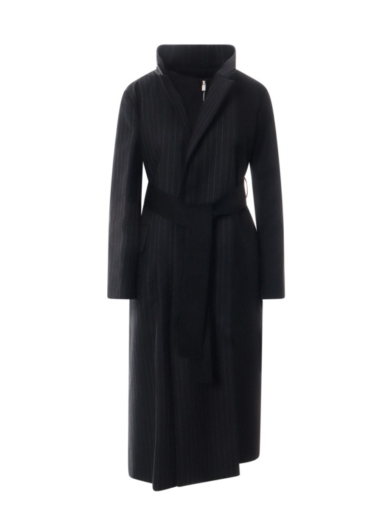 Shop Sacai Wool Coat With Striped Motif In Black