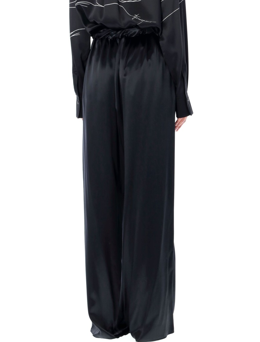 Ferragamo Gathered Satin Wide-leg Pajama Pants In Black