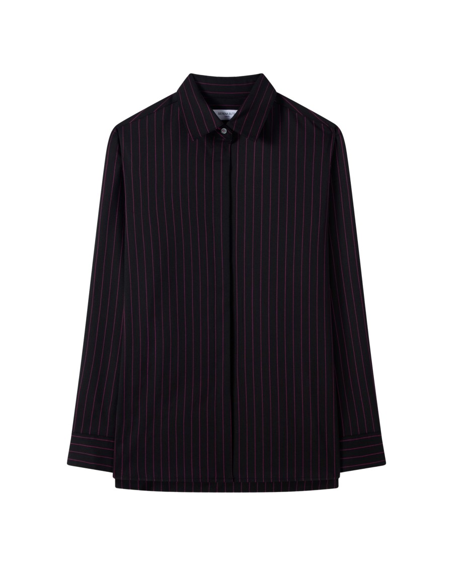 Serena Bute Wool Pinstripe Boyfriend Shirt - Black/pink In Black