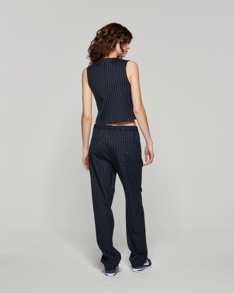 Shop Serena Bute Wool Pinstripe Utility Trouser - Navy/green In Blue