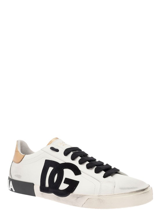 Shop Dolce & Gabbana Portofino' White Low Top Sneakers With Logo Patch And Used Effect In Leather