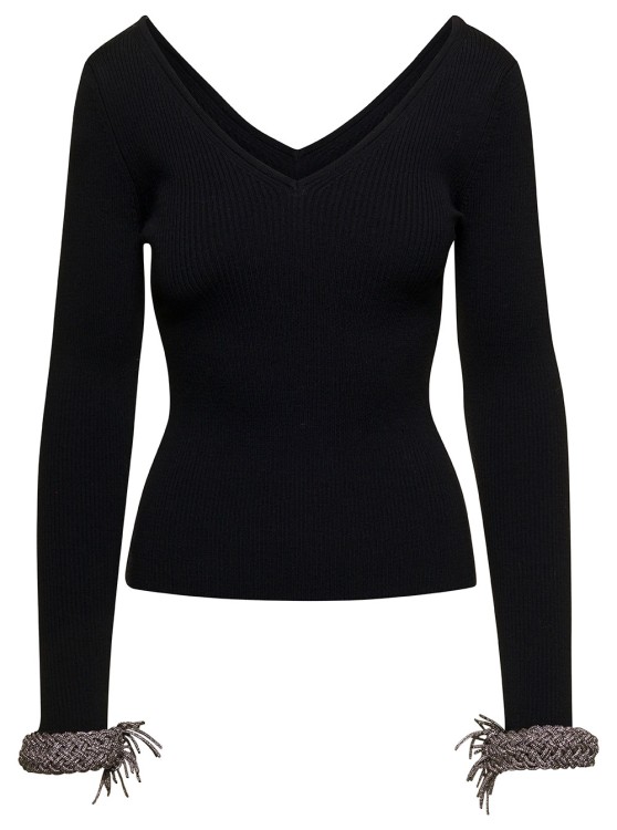 Shop Giuseppe Di Morabito Black Top With V Neckline And Embellished Wrist In Wool Blend