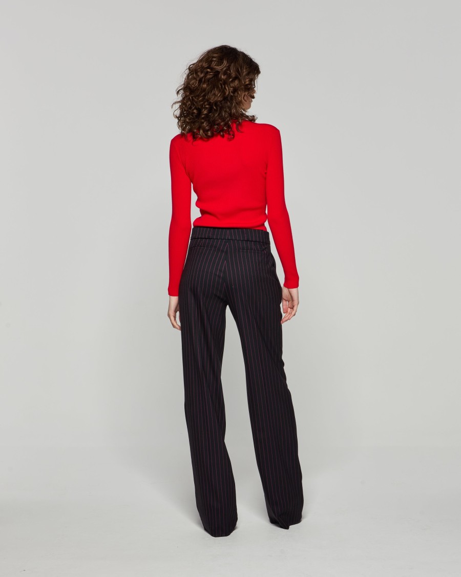 Serena Bute Wool Pinstripe Pleated Trouser - Black/pink In Black