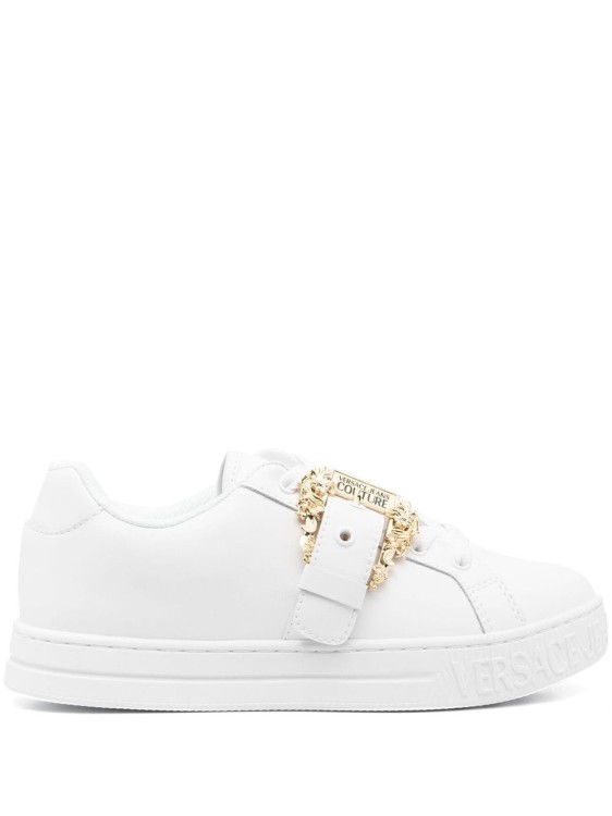 VERSACE JEANS COUTURE GOLD BUCKLE WHITE SNEAKERS,620f4390-4fb6-8bbd-99dc-cc7a105608ce
