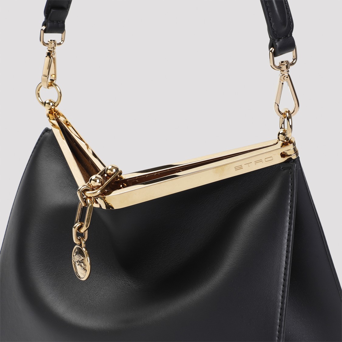 Etro Navy Blue Leather Medim Vela Top Handle Bag In Black