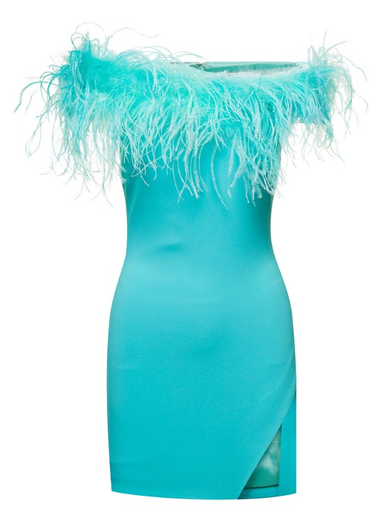 Shop Giuseppe Di Morabito Mini Light Blue Dress With Feather Trim And Split In Stretch Viscose