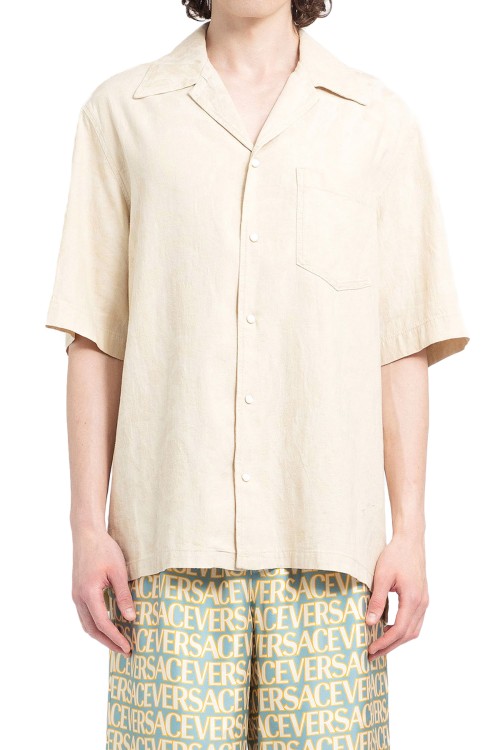 Versace Barocco Silhouette-jacquard Chambray Shirt In Beige