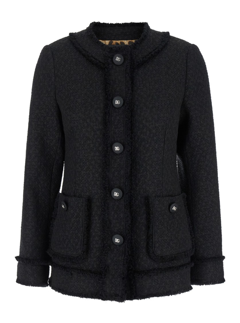 Dolce & Gabbana Black Single-breasted Jacket With Branded Button In Tweed Woman In Black