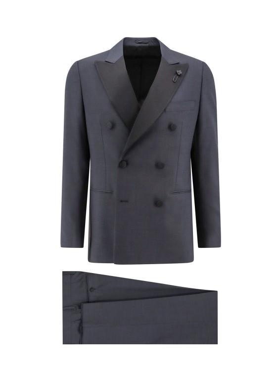 Shop Lardini Wool Tuxedo With Iconic Brooch Detail In Grey