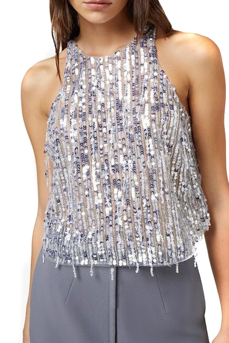 Elisabetta Franchi Sequined Halter Top With Fringe Detail And Silhouette In Silver