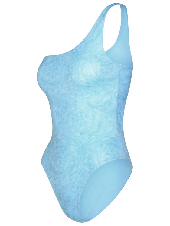 Shop Versace Asymmetric 'barocco' One-piece Swimsuit In Light Blue Polyester Blend