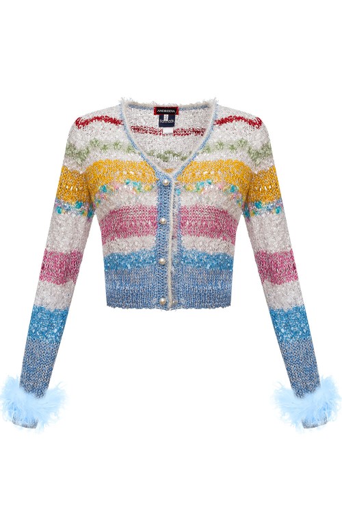 ANDREEVA CALIFORNIA HANDMADE KNIT SWEATER WITH FEATHERS,3a71b806-8730-f087-5d05-f49aa9fe616f