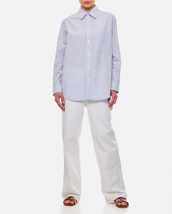 Shop Bottega Veneta Cotton Linen Woven Check Shirt In Blue