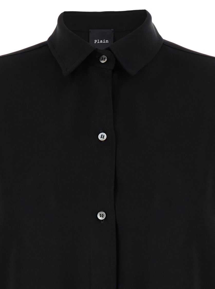 Shop Plain Black Maxi Shirt With Buttons In Techno Fabric