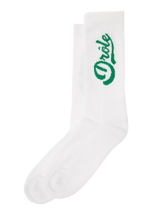 Shop Drôle De Monsieur White Ribbed Socks With Green-colored Logo In Cotton