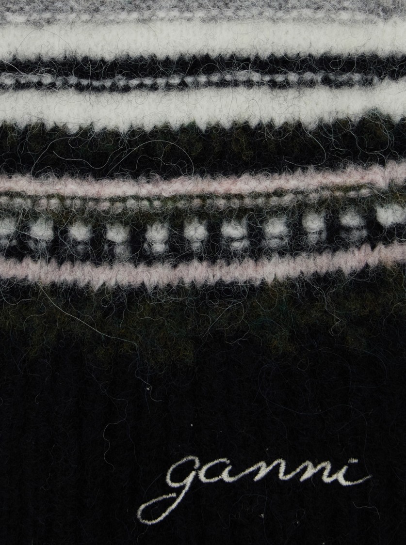 Ganni Striped Soft Wool Scarf In Black