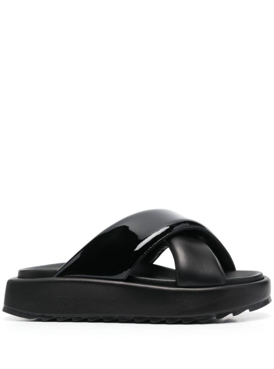 Shop Gia Borghini Black Crossover Strap Slides Glossy Finish In Leather