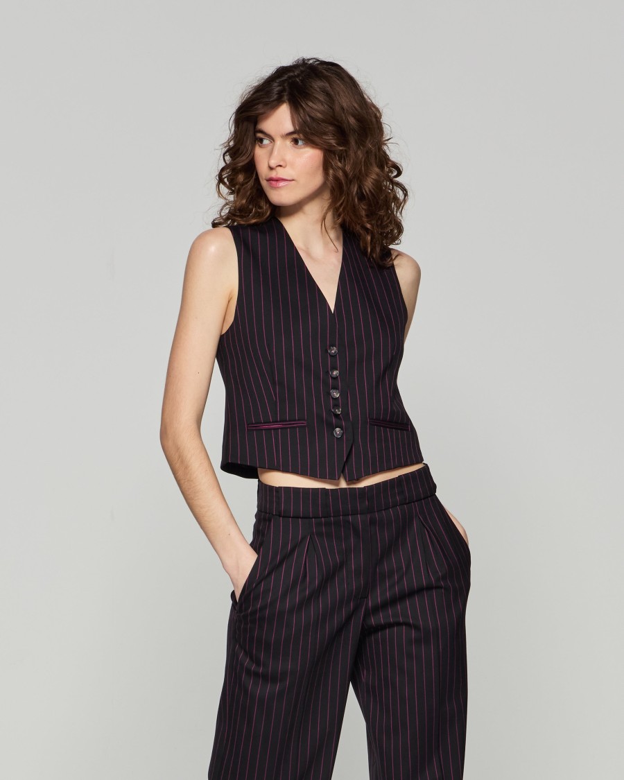 Serena Bute Wool Pinstripe Waistcoat - Black/pink In Black