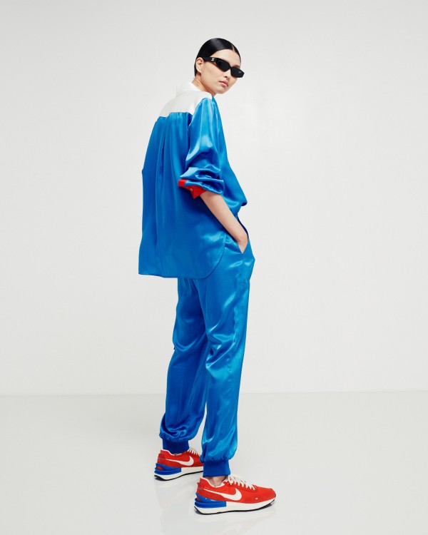 Shop Serena Bute Satin Parachute Trouser - Retro Blue