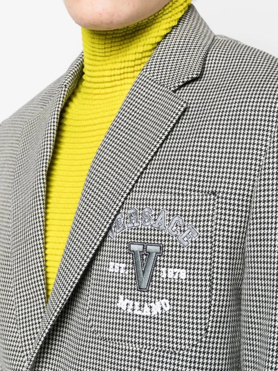 Shop Versace Logo Embroidery Houndstooth Blazer In Grey