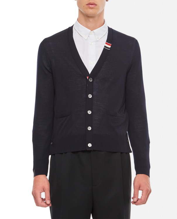 Thom Browne Jersey Stitch Relaxed Fit V Neck Cardigan In Black