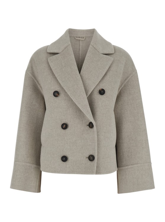 Brunello Cucinelli Beige Double-breasted Short Coat With Wide Revers In Wool And Cashmere In Grey