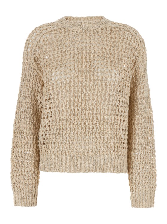 Shop Brunello Cucinelli Beige Sweater With Micro Sequins In Mesh Knit In Neutrals