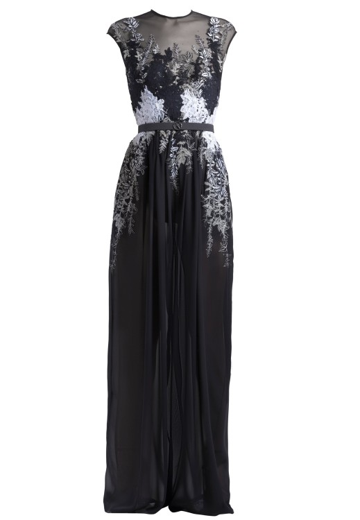 Saiid Kobeisy Embroidered Sleeveless, Crepe Georgette Jumpsuit With A Thin Belt In Black