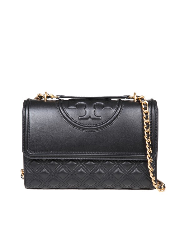 Shop Tory Burch Fleming Shoulder Strap In Black Leather In Grey